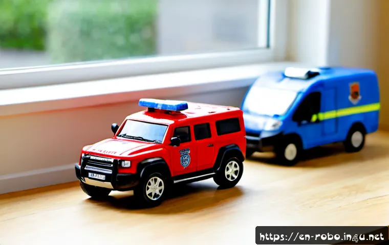 Home 17 로보카폴리 중고 장난감 - Photorealistic close-up of a clean, gently used set of colorful transformable rescue vehicle toys ar...