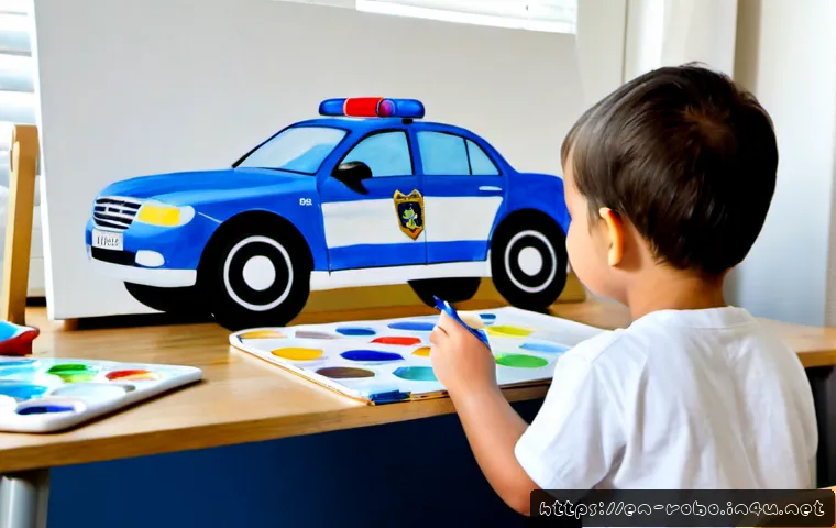 로보카폴리 팬 아트 콘테스트 - Photorealistic bright children’s art contest workspace, a cheerful young artist wearing casual cloth...