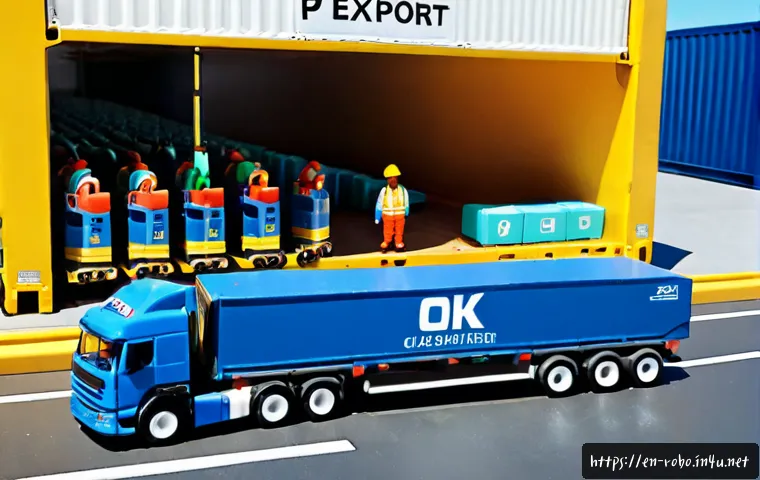 로보카폴리 해외 수출 사례 - Photorealistic international toy export scene at a modern North American shipping port, colorful chi...