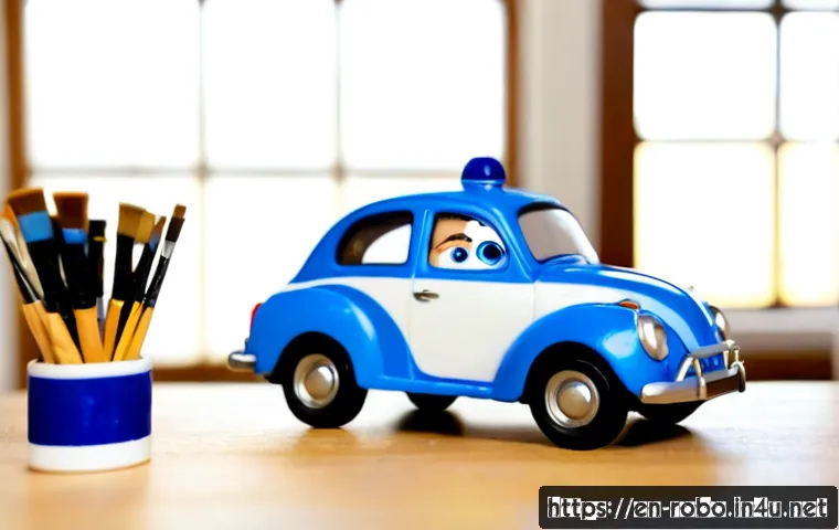 로보카폴리 커스텀 캐릭터 - Photorealistic custom blue-and-white rescue car character figurine with friendly animated eyes, disp...
