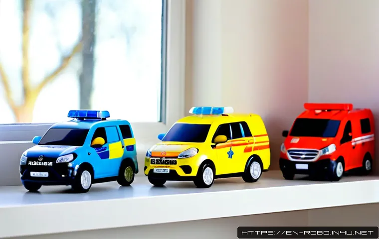 로보카폴리 캐릭터 상품 - Photorealistic product display of four colorful, friendly-faced rescue vehicle toys—a blue police ca...